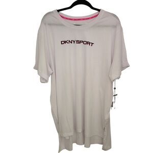 DKNY Sport White Logo Semi Sheer Rolled Short Sleeve High-Low T-Shirt 2X